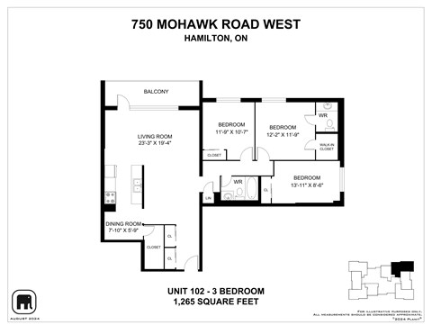 A floor plan for a 2 bedroom apartment at 750 Mohawk Road West, Hamilton, ON.